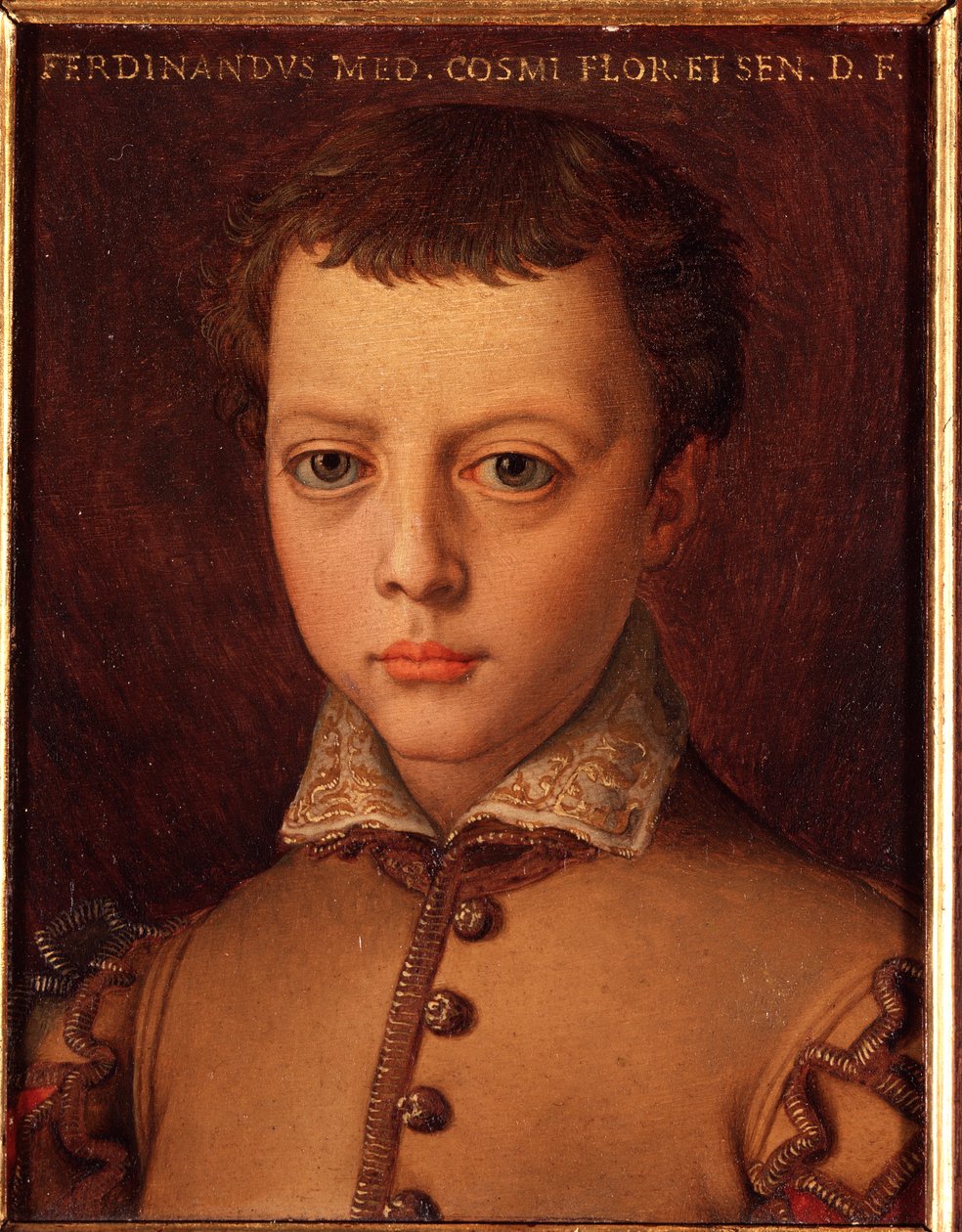 Portrét Ferdinanda I. Medicejského (Ferdinanda I. Medicejského) (1549-1609) mladík Malba Allori Angelo di Cosimo dit Bronzino (1503-1572) 16. století Slunce 15x12 cm Palác Medici-Riccardi (Medici Riccardi) Florencie od Agnolo Bronzino