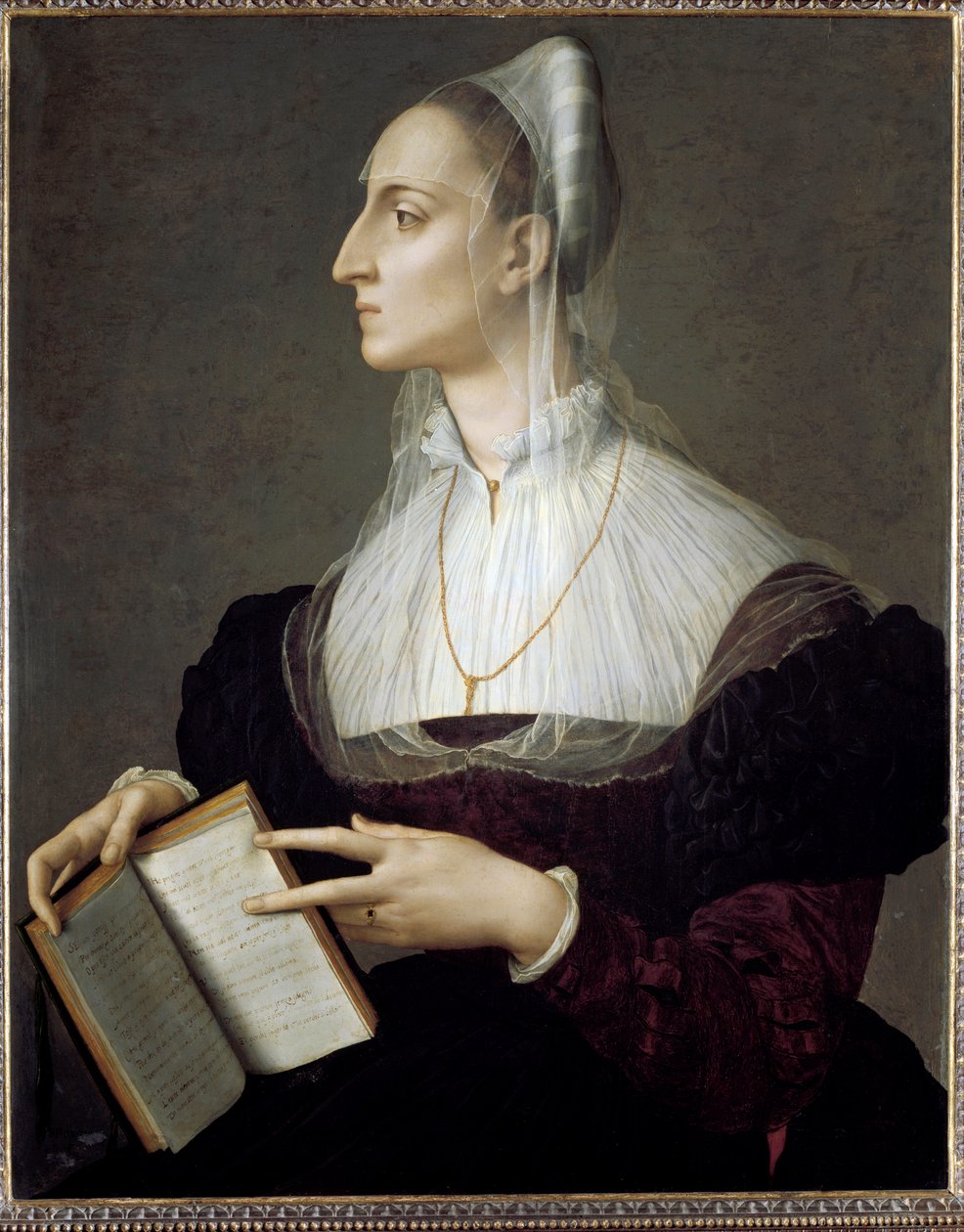 Portrét italské básnířky Laury Battiferri, která čte Petrarcovy sonety (olej na panelu od Agnolo Bronzino