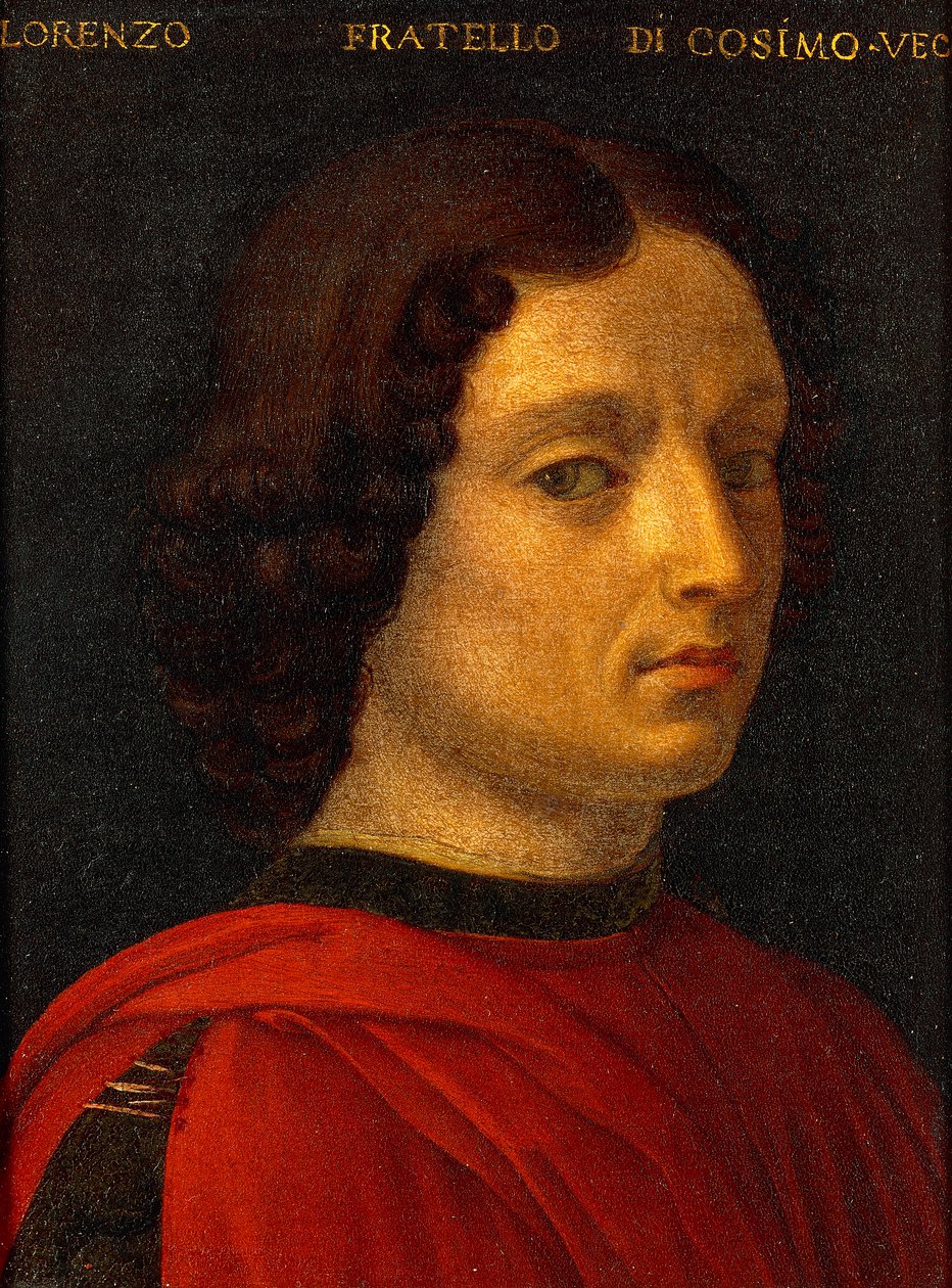 Portrét Lorenza de Medici staršího, od Agnola Bronzina, kolem 1565-1569, olej na cínu od Agnolo Bronzino