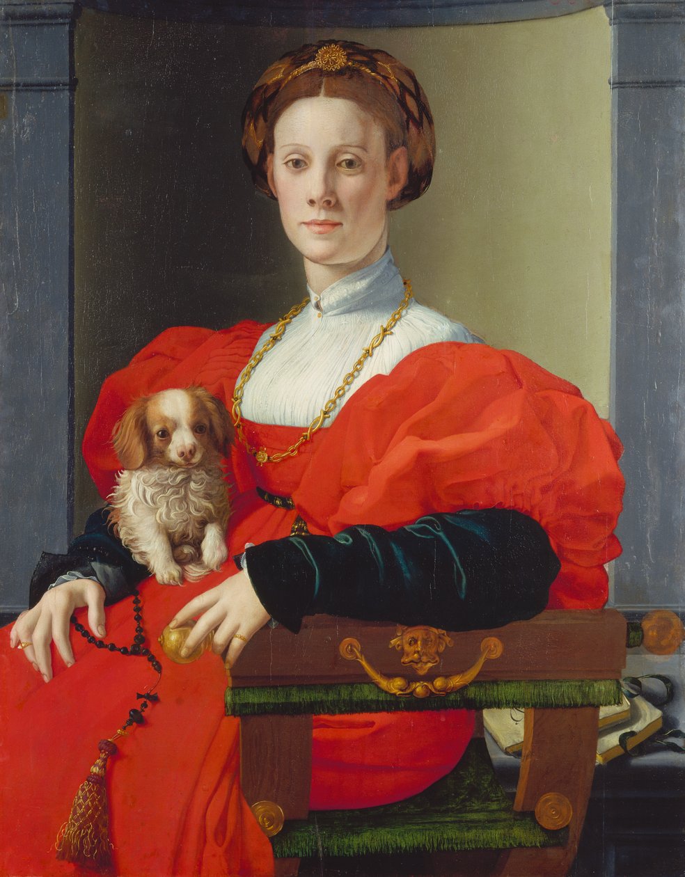 Portrét dámy v červeném , asi 1533 (kombinovaná technika na topolu) od Agnolo di Cosimo Bronzino