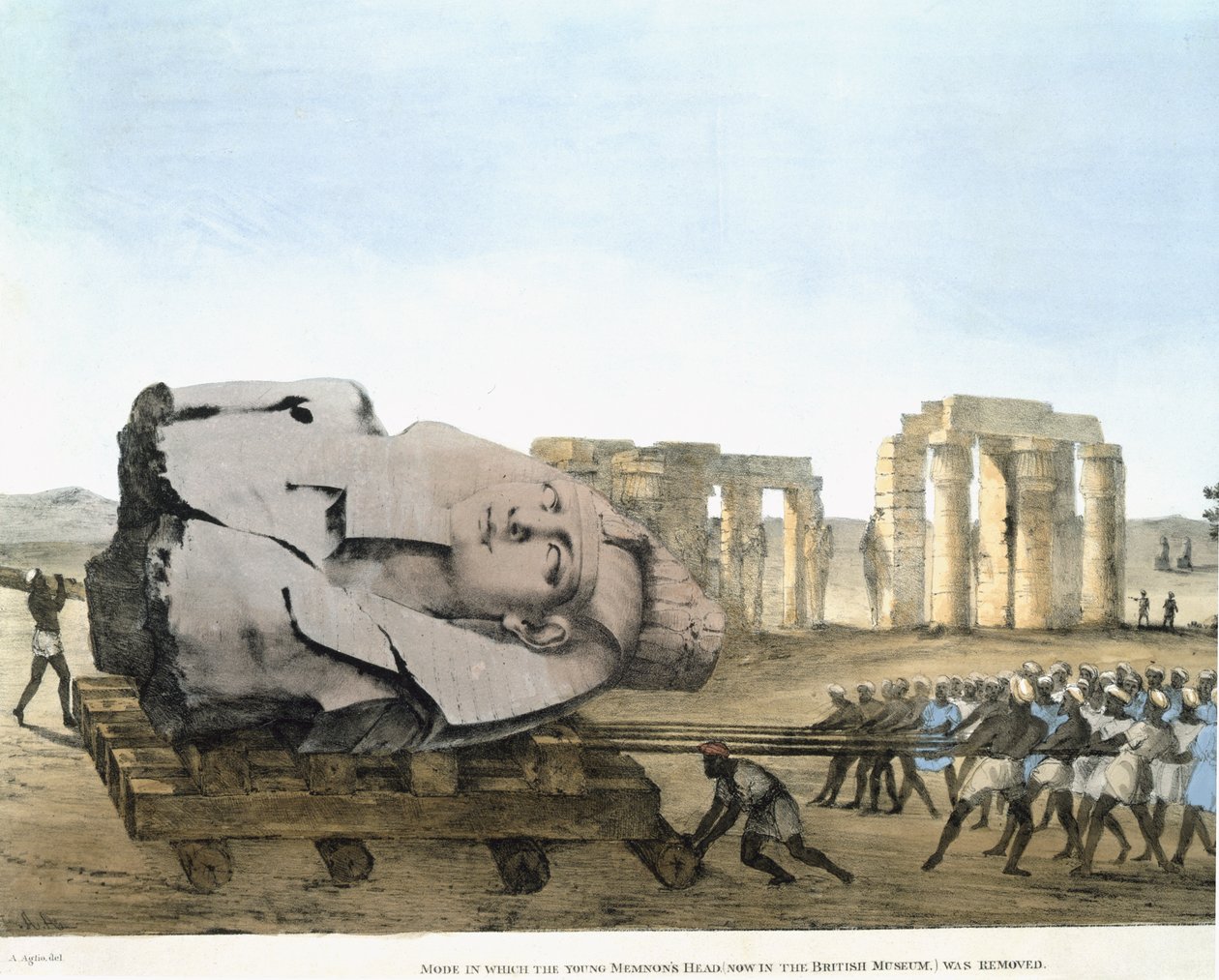 Režim, ve kterém byla odstraněna hlava Mladého Memnona, tvoří Desky ilustrující Výzkumy v Egyptě a Núbii. Belzoni, Giovannie Battista. Aglio, Agostino (1777-1857) Vydáno 1820-22 od Agostino Aglio