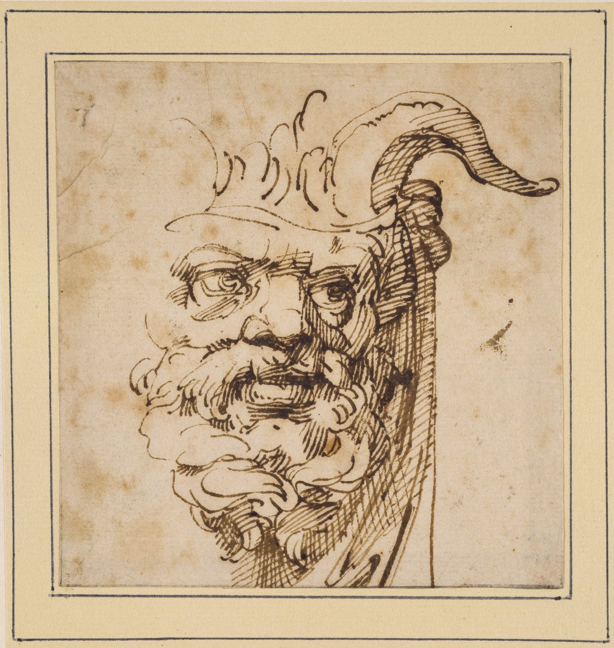 Silvánská maska (pero a hnědý inkoust na špinavě bílém papíře) od Agostino Carracci