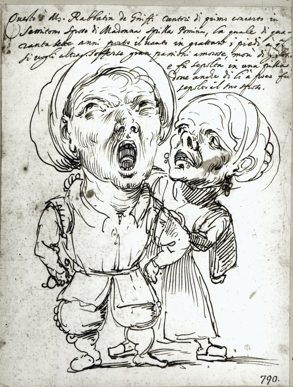 Karikatura Rabbatina de Griffi a jeho ženy Spilly Pominy (pero a tuš na papíře) od Agostino Carracci