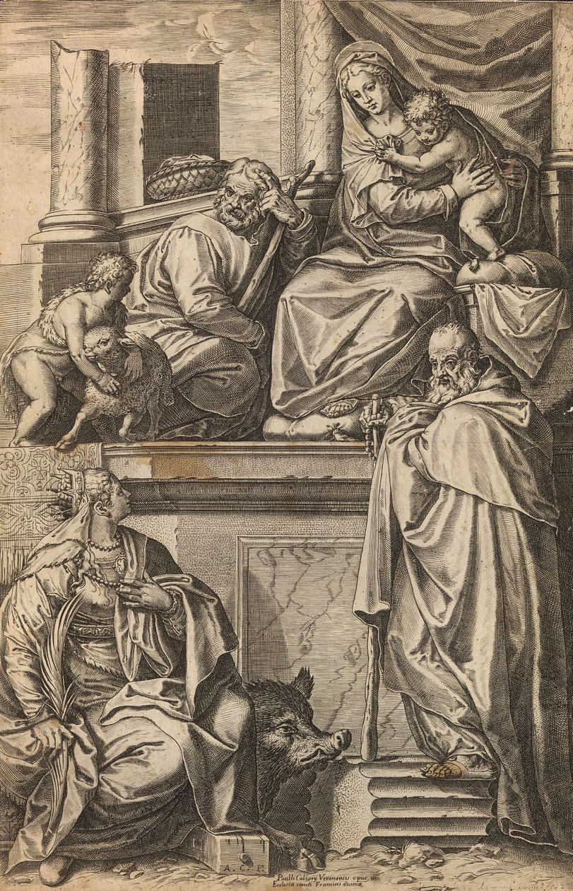 Svatá rodina se svatým Janem Křtitelem, svatou Kateřinou a svatým Antoniem Velikým od Agostino Carracci