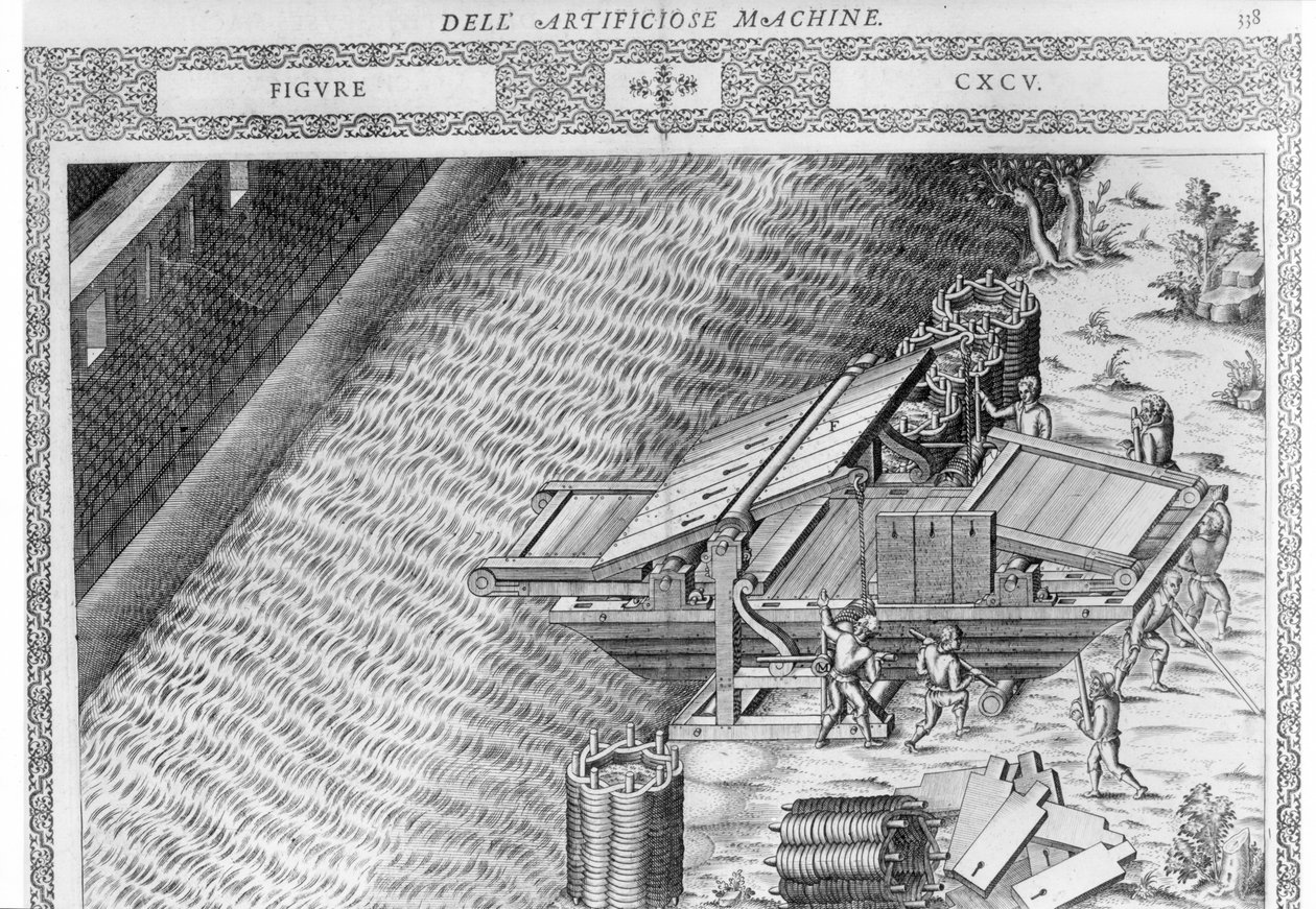 Most ve tvaru lodi, ilustrace z knihy Agostina Ramelliho "Diverse Imaginary Machines", vydané v Paříži v roce 1588 (mědirytina) od Agostino Ramelli