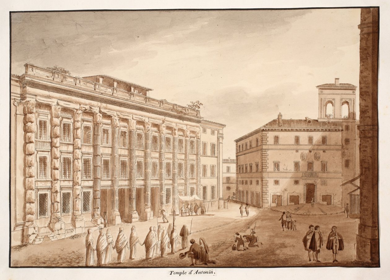 Antonínův chrám, 1833 (lept s hnědým lavírováním) od Agostino Tofanelli