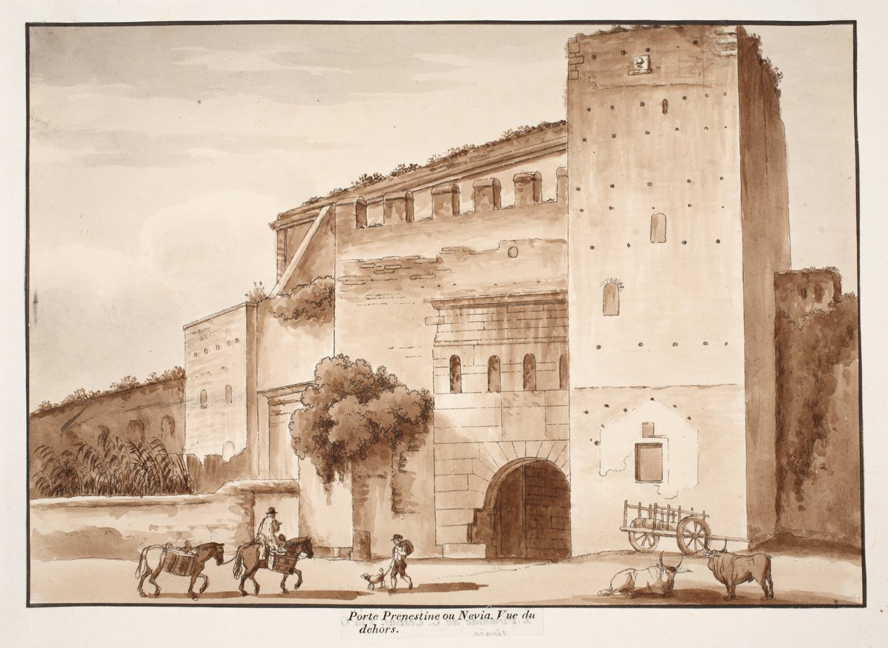 Vnější pohled na Porta Prenestina nebo Nevia, 1833 (lept s hnědou lazurou) od Agostino Tofanelli