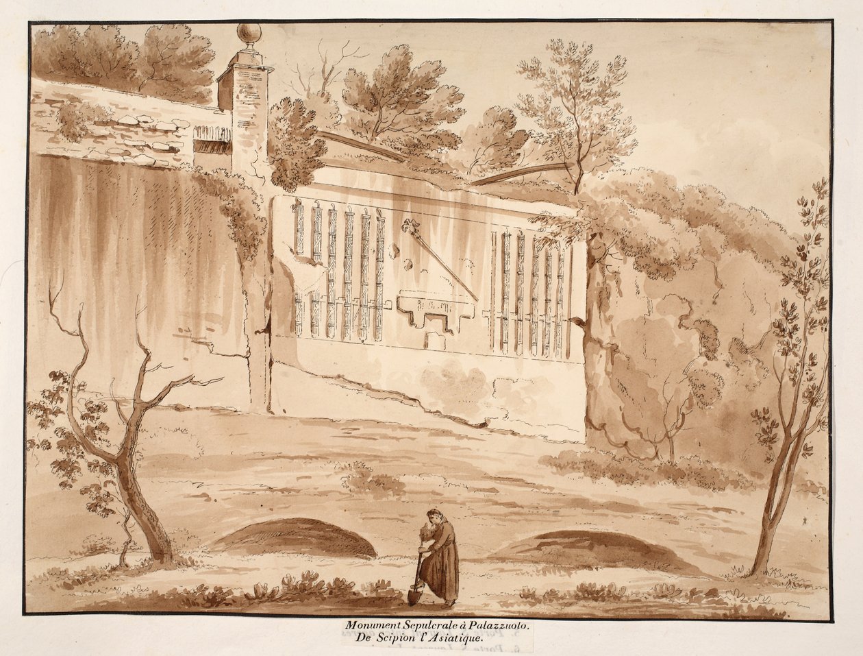 Pohřební pomník Scipia Asiata, v Palazzuolo, 1833 (lept s hnědým lavírováním) od Agostino Tofanelli