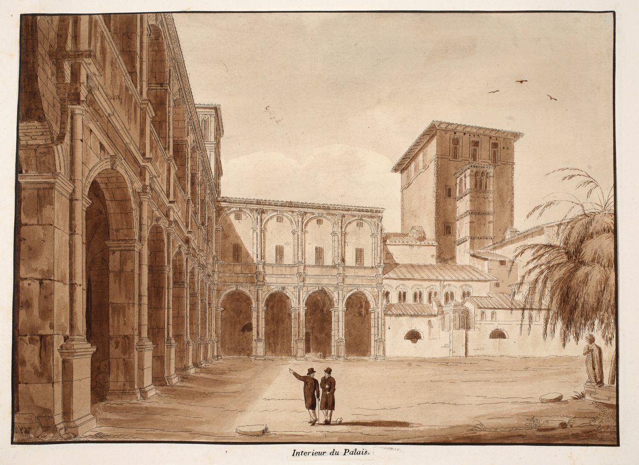 Uvnitř Palazzo di Venezia, 1833 (lept s hnědým lavírováním) od Agostino Tofanelli