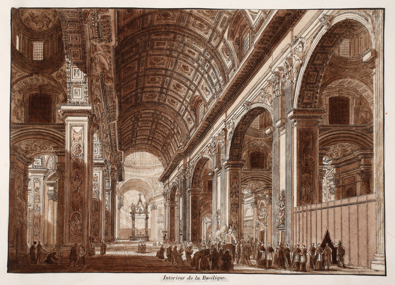 Interiér baziliky svatého Petra, 1833 (lept s hnědou lazurou) od Agostino Tofanelli