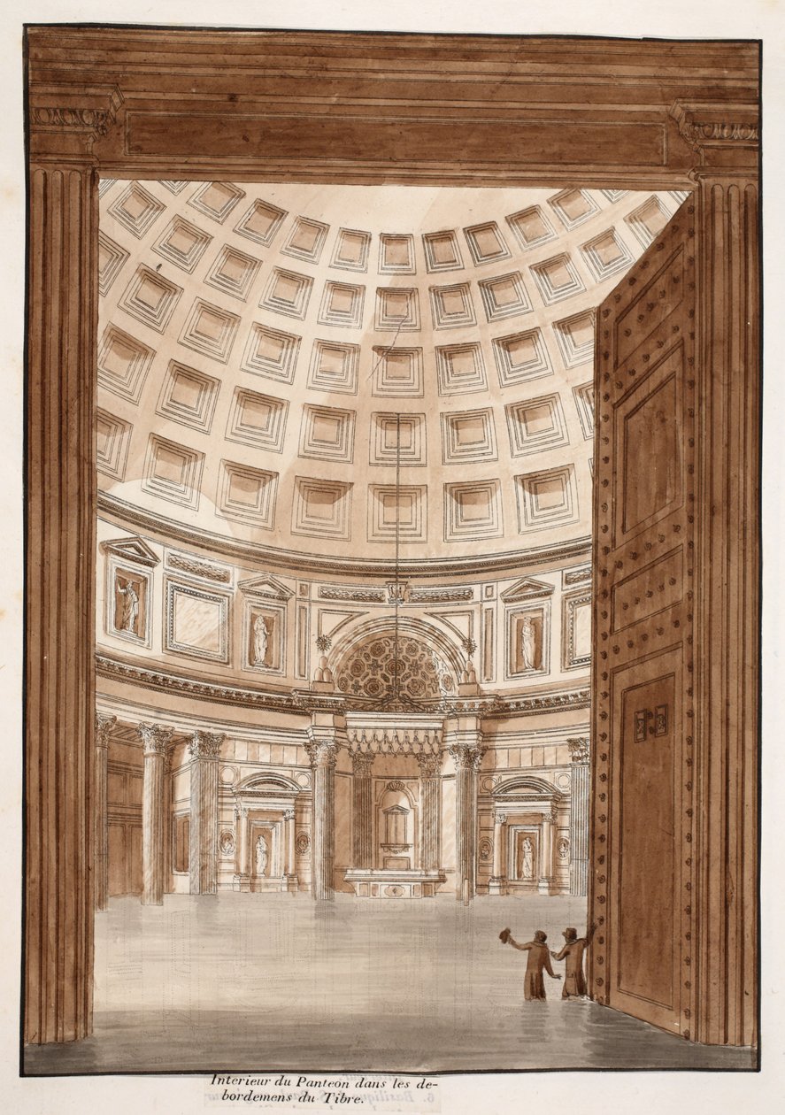 Interiér Pantheonu poté, co se Tibera rozbila, 1833 (leptání s hnědou lazurou) od Agostino Tofanelli