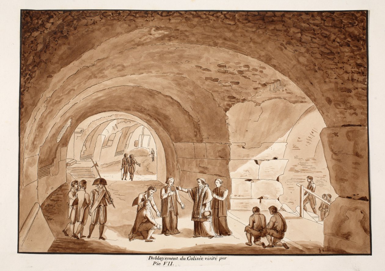 Pius VII. navštěvuje díla v Koloseu, 1833 (lept hnědou lazurou) od Agostino Tofanelli