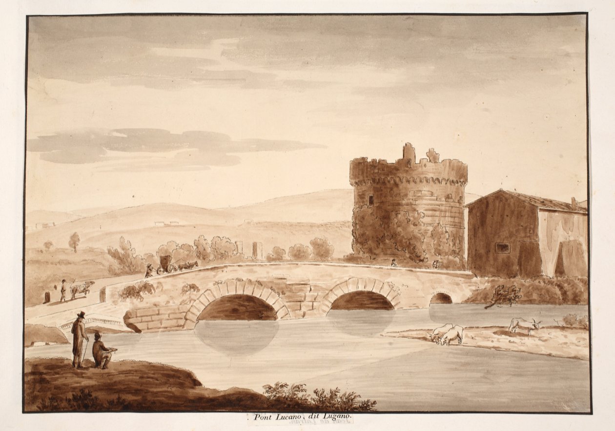 Ponte Lucano, nebo Lugano, 1883 (leptání s hnědým lavírováním) od Agostino Tofanelli