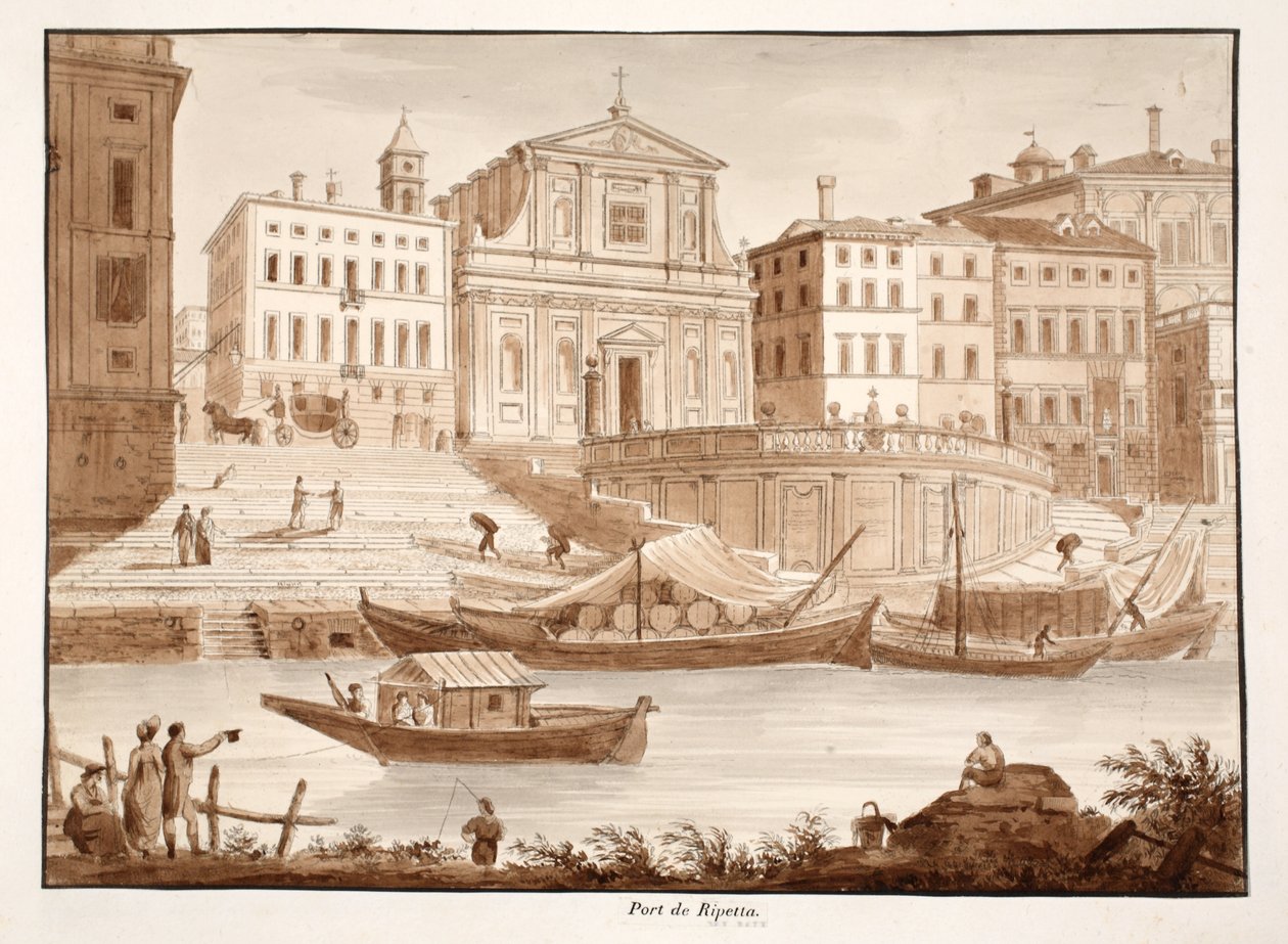 Porto di Ripetta, 1833 (lept s hnědým lakem) od Agostino Tofanelli