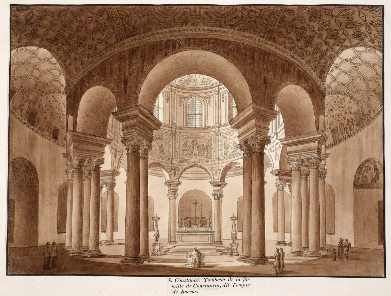 Santa Costanza. Rodinná hrobka Konstantina, zvaná Bakchův chrám, 1833 (lept s hnědým lavírováním) od Agostino Tofanelli