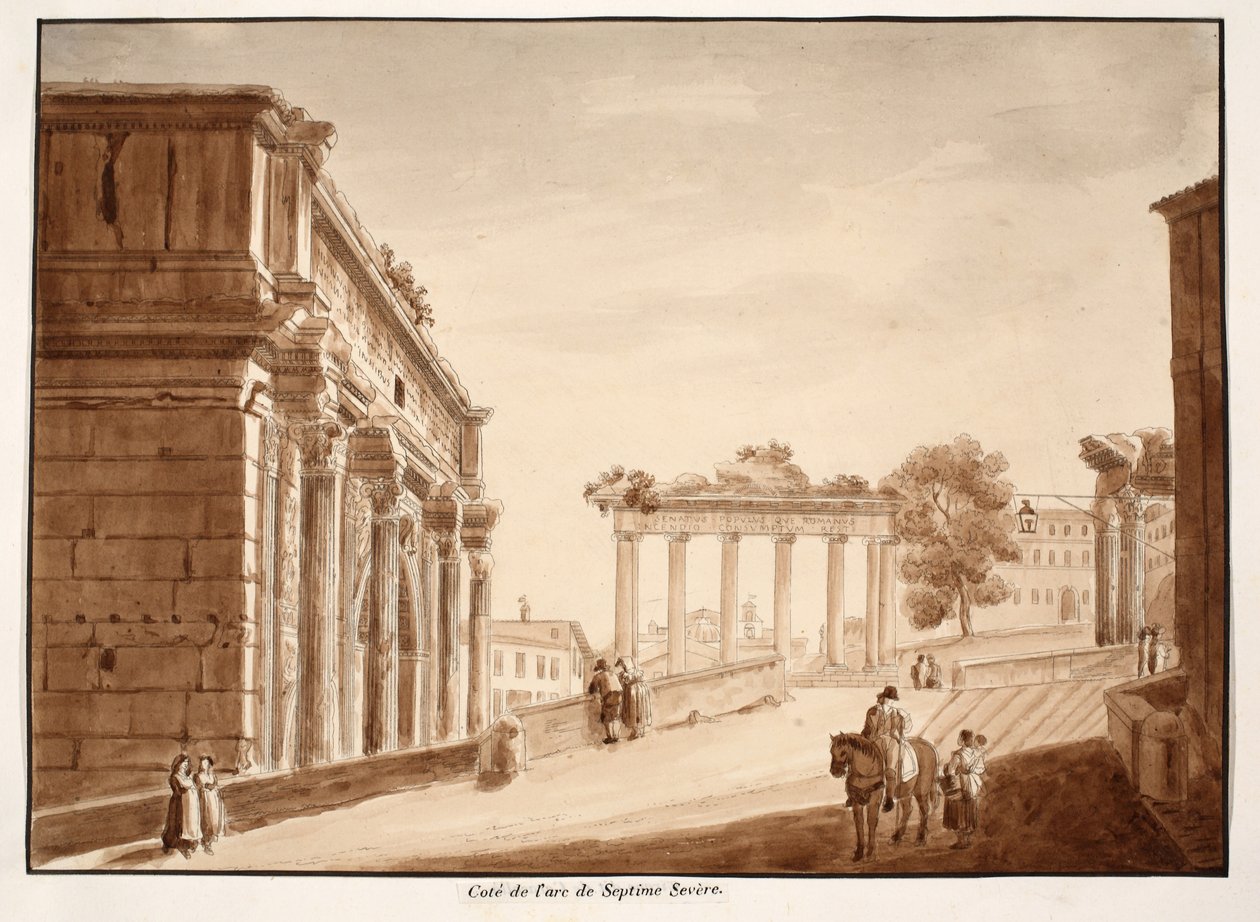 Boční pohled na oblouk Septimia Severa, 1833 (lept s hnědou lazurou) od Agostino Tofanelli