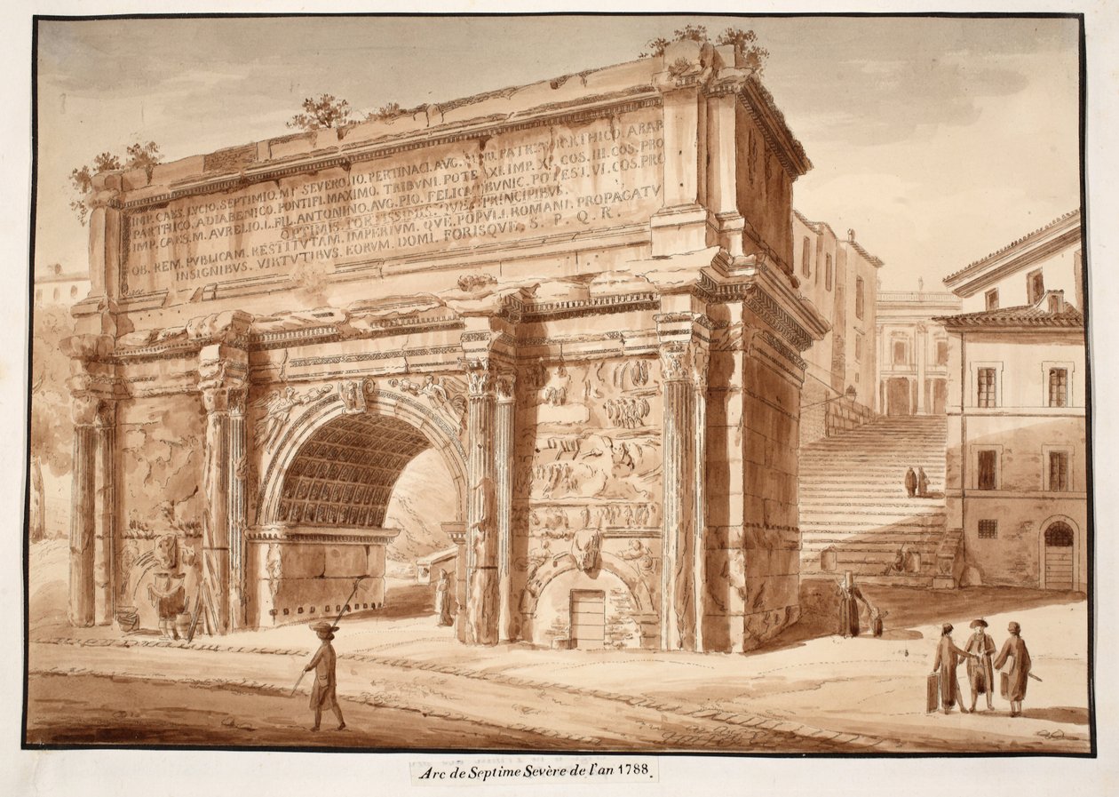 Oblouk Septimia Severa v roce 1788, 1833 (lept s hnědou lazurou) od Agostino Tofanelli