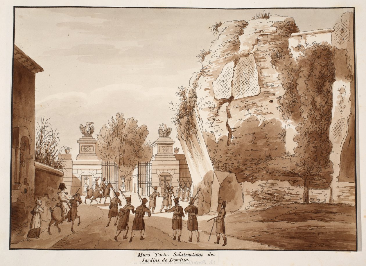 Muro Torto a základy Domitianských zahrad, 1833 (lept s hnědým lavírováním) od Agostino Tofanelli