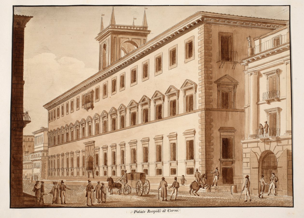 Palazzo Ruspoli al Corso, 1833 (lept s hnědým lavírováním) od Agostino Tofanelli