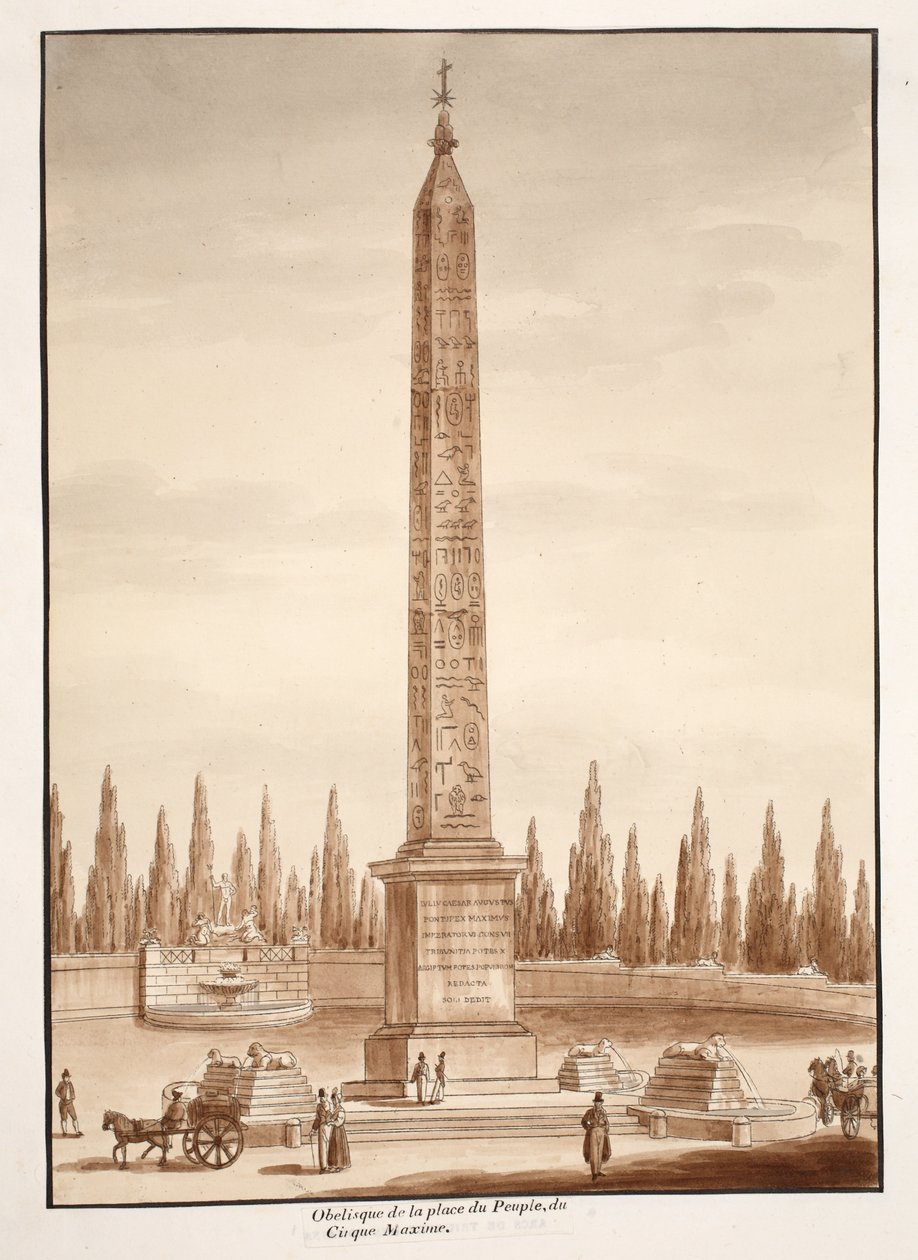 Obelisk na náměstí Piazza del Popolo, z Circus Maximus, 1833 (lept s hnědou lazurou) od Agostino Tofanelli