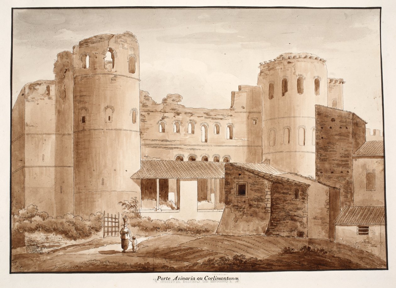 Porta Asinaria nebo Coelimontana, 1833 (lept s hnědým lavírováním) od Agostino Tofanelli