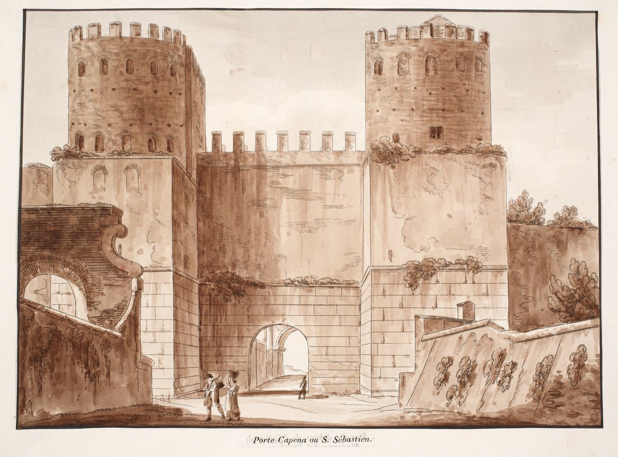 Porta Capena nebo Porta San Sebastiano, 1833 (lept s hnědým lavírováním) od Agostino Tofanelli