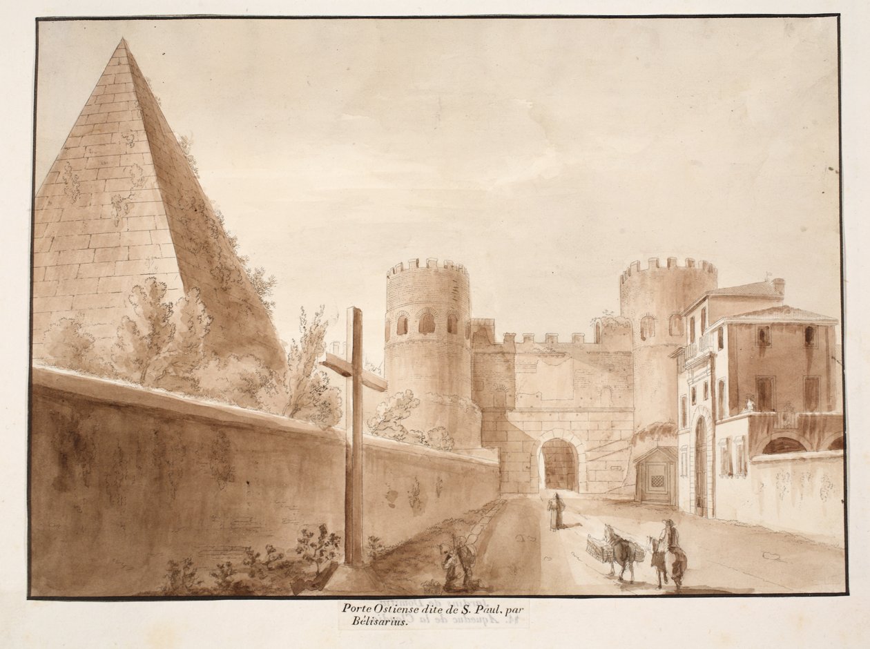 Porta Ostiensis neboli San Paolo, postavená Belisariem, 1833 (lept s hnědým lakem) od Agostino Tofanelli