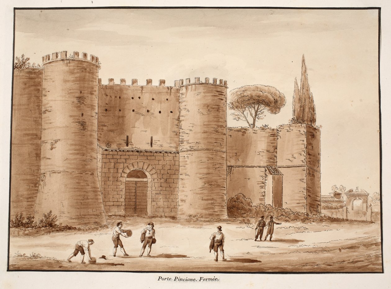 Porta Pinciana, zavřeno, 1833 (lept s hnědým lavírováním) od Agostino Tofanelli