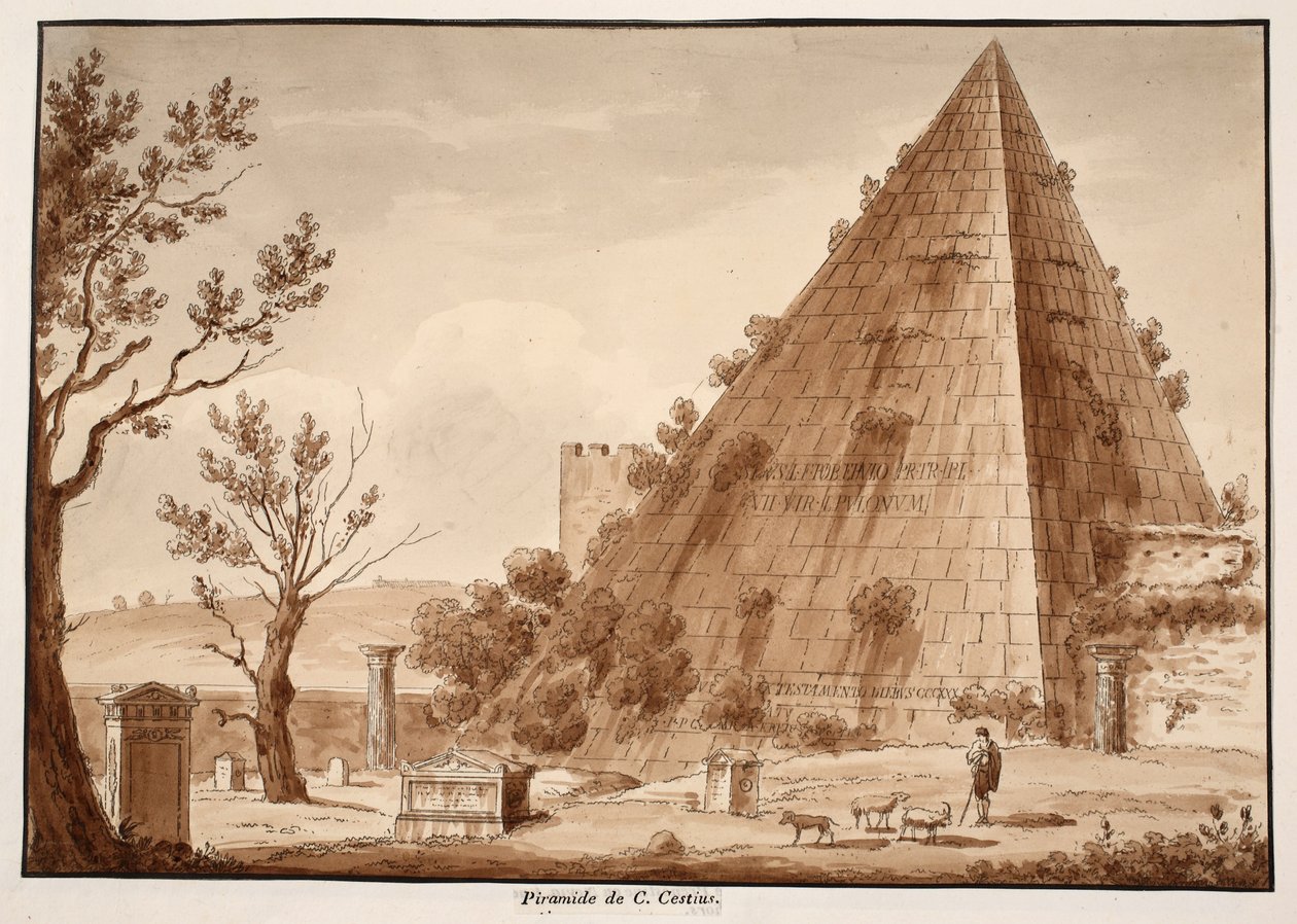 Pyramida C. Cestius, 1833 (lept s hnědou lazurou) od Agostino Tofanelli