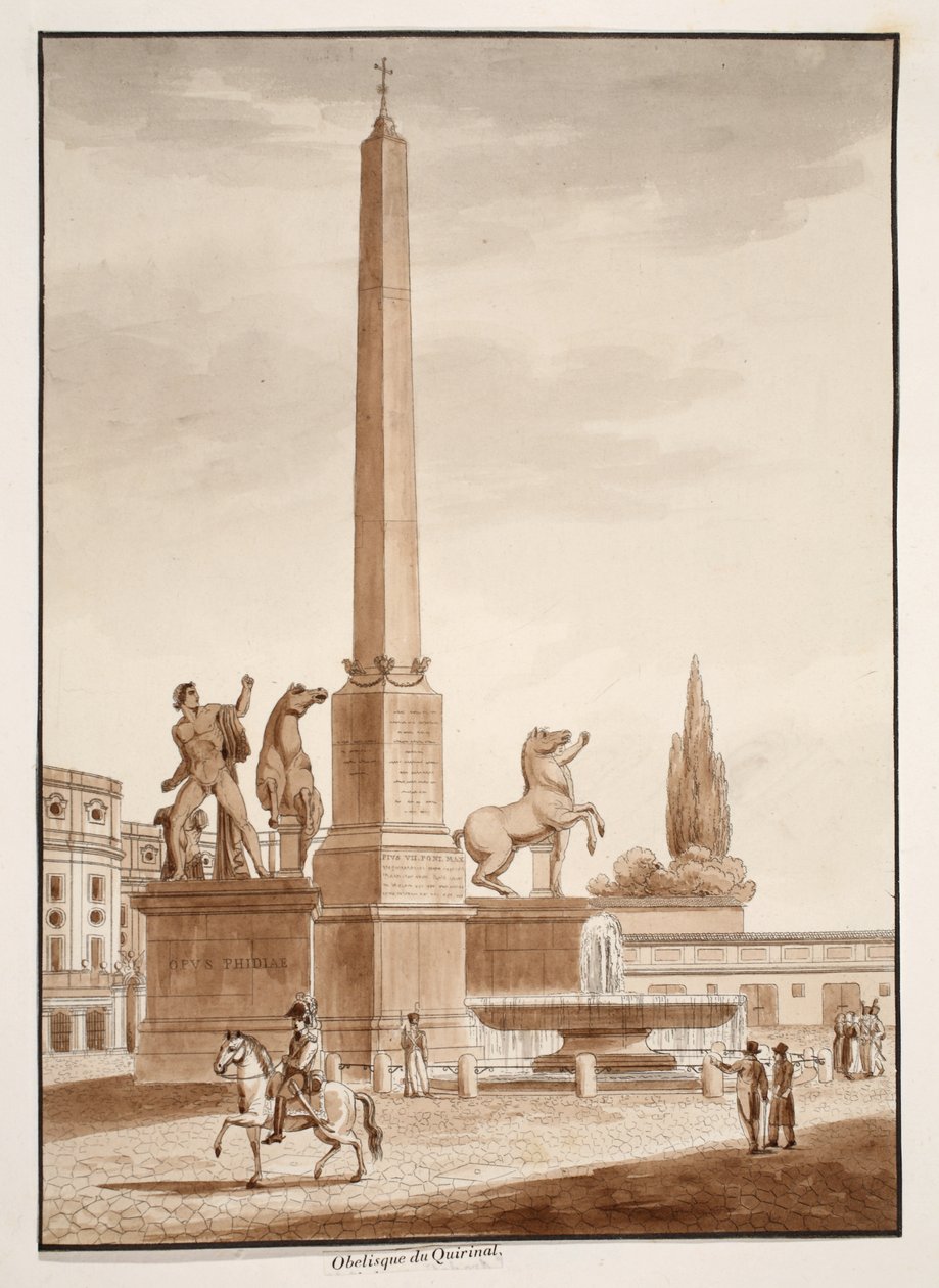 Quirinalský obelisk, 1833 (lept s hnědým lavírováním) od Agostino Tofanelli