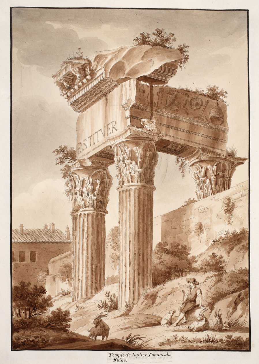 Temple of Jupiter Tonans, ruiny, 1833 (lept s hnědým lavírováním) od Agostino Tofanelli