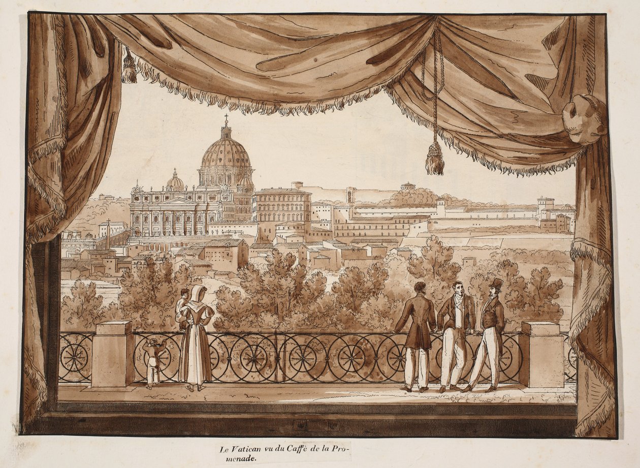 Vatikán při pohledu z Caffe de la Promenade, 1833 (leptání s hnědým mytím) od Agostino Tofanelli