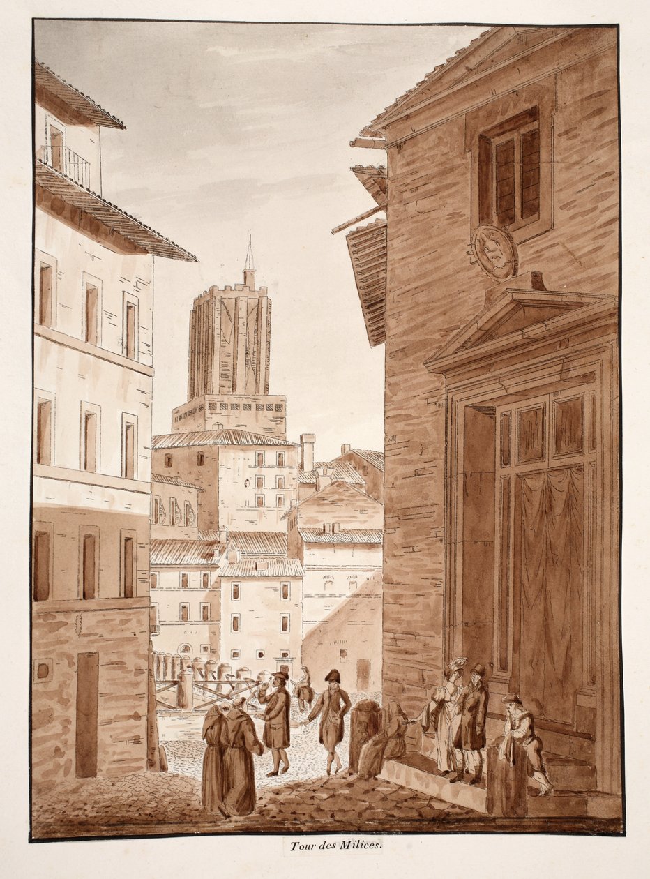 Torre delle Milizie, 1833 (lept s hnědým lavírováním) od Agostino Tofanelli