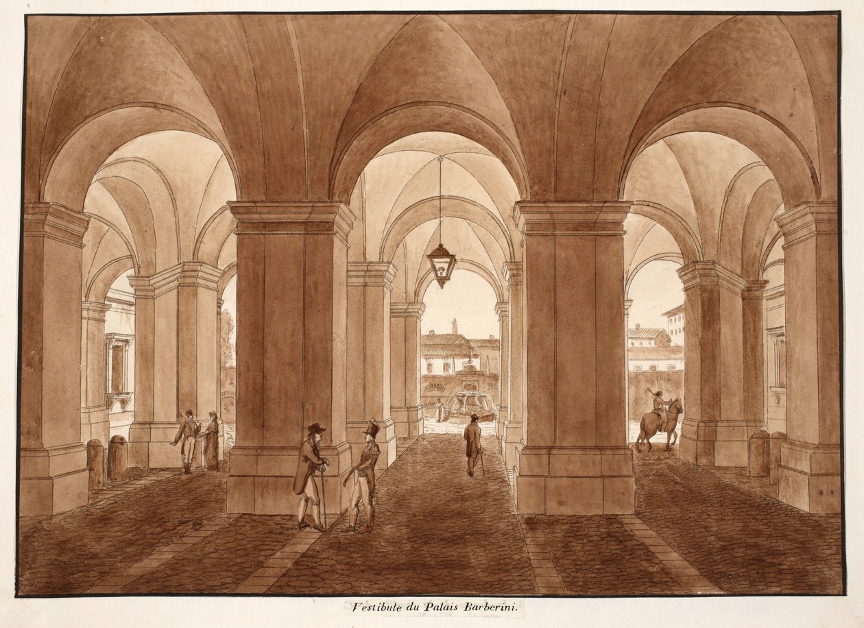 Předsíň Palazzo Barberini, 1833 (lept s hnědou lazurou) od Agostino Tofanelli