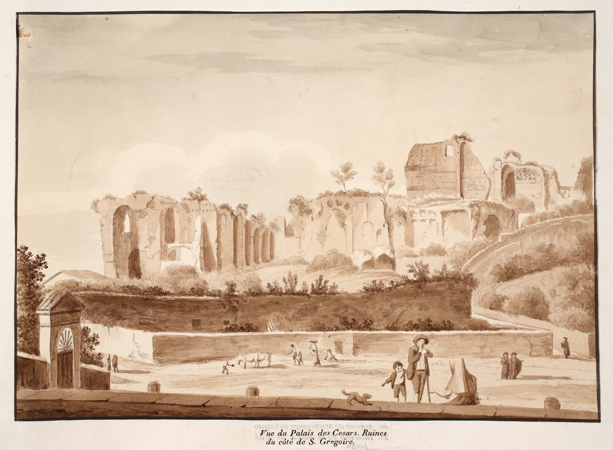 Pohled na palác Caesarů z Via di San Gregorio, 1833 (lept s hnědou lazurou) od Agostino Tofanelli