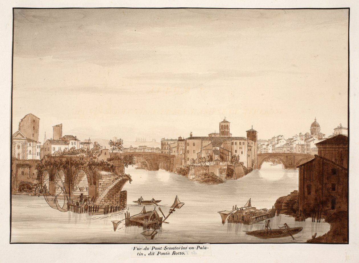 Pohled na Palatinský nebo Senatorský most, zvaný Ponte Rotto, 1833 (lept s hnědou lazurou) od Agostino Tofanelli