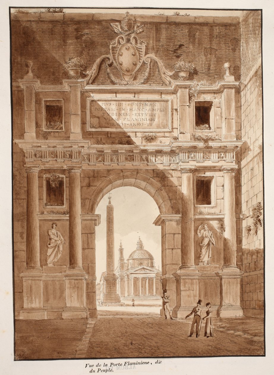 Pohled na Porta Flaminia, nebo Porta del Popolo, 1833 (lept s hnědou lazurou) od Agostino Tofanelli