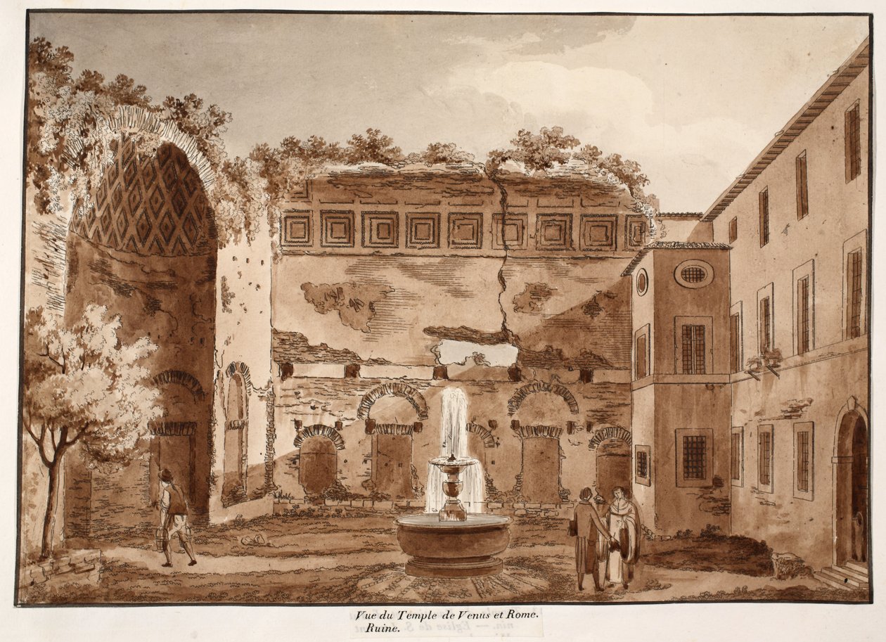 Pohled na Venušin chrám a Řím, ruiny, 1833 (lept s hnědou lazurou) od Agostino Tofanelli