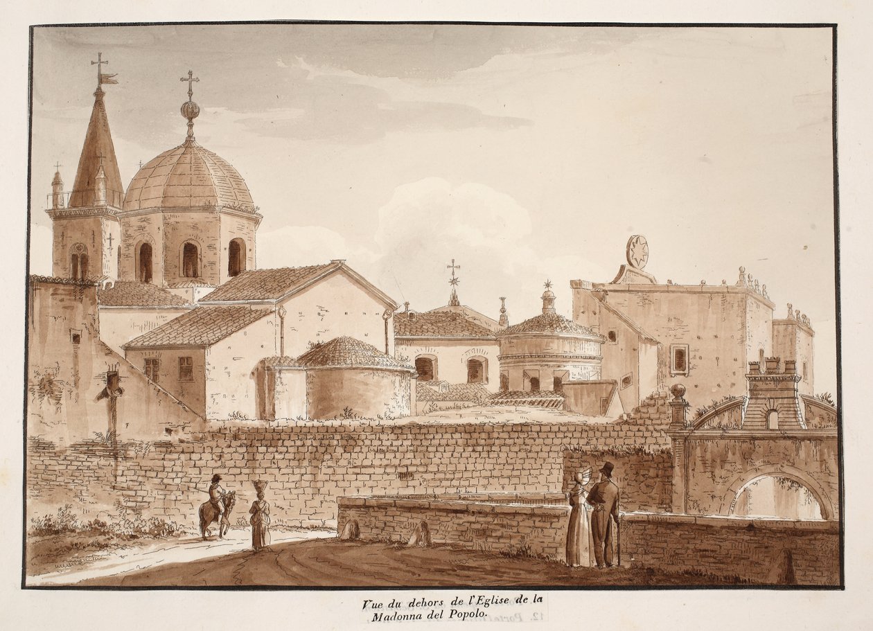 Pohled na exteriér kostela Santa Maria del Popolo, 1833 (lept s hnědou lazurou) od Agostino Tofanelli