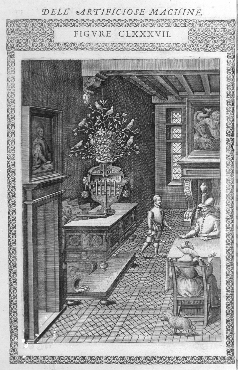 Fontána s falešným zpěvem ptáků. Toto je projekt Agostina Ramelliho podle “”Diverse and Artificiosis Machine””. Milán 1600. od Agostino (after) Ramelli