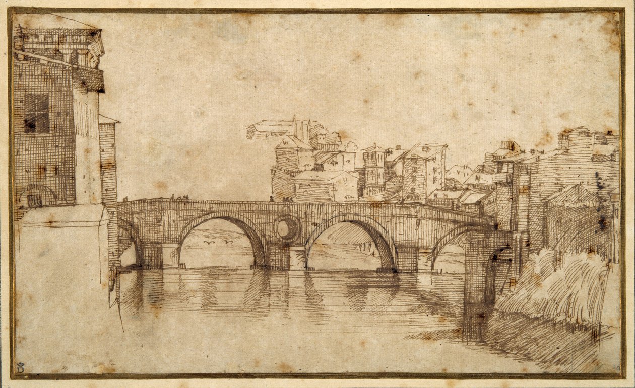 Isola Tiberina, Řím (pero a hnědý inkoust na papíře) od Agostino (attr. to) Carracci