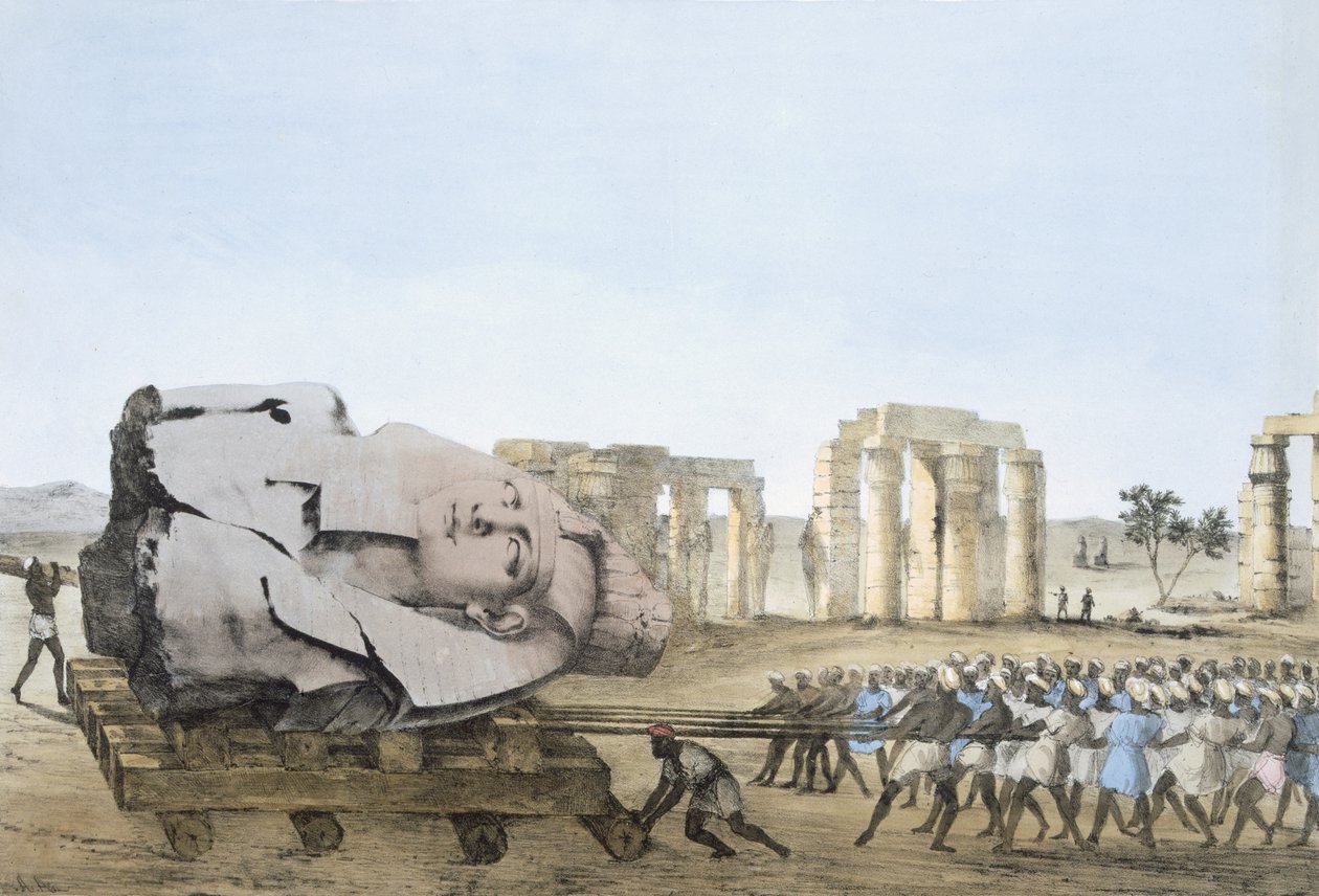 Režim, ve kterém byla odstraněna hlava Mladého Memnona, z Desky ilustrující Výzkumy v Egyptě a Núbii, Giovannie Battista Belzoni, Pub. 1822 (barevná litografie) od Agostino Aglio