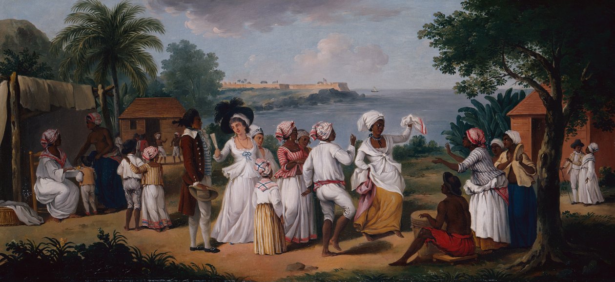 Tanec černochů na ostrově Dominika, Fort Young za ním (olej na plátně) od Agostino Brunias