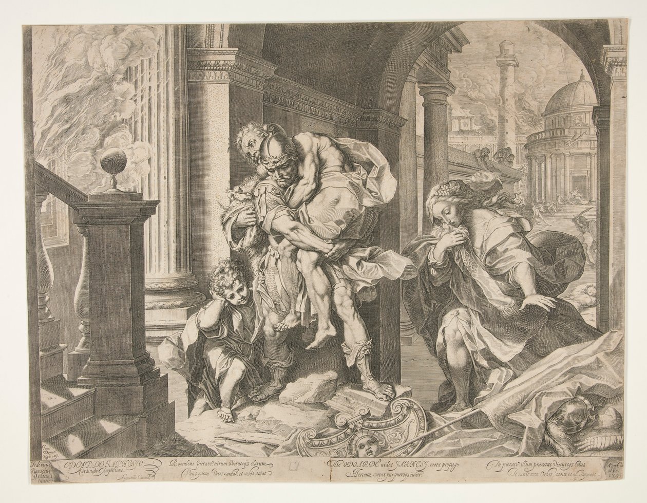 Aeneas a jeho rodina prchající z Tróje od Agostino Carracci