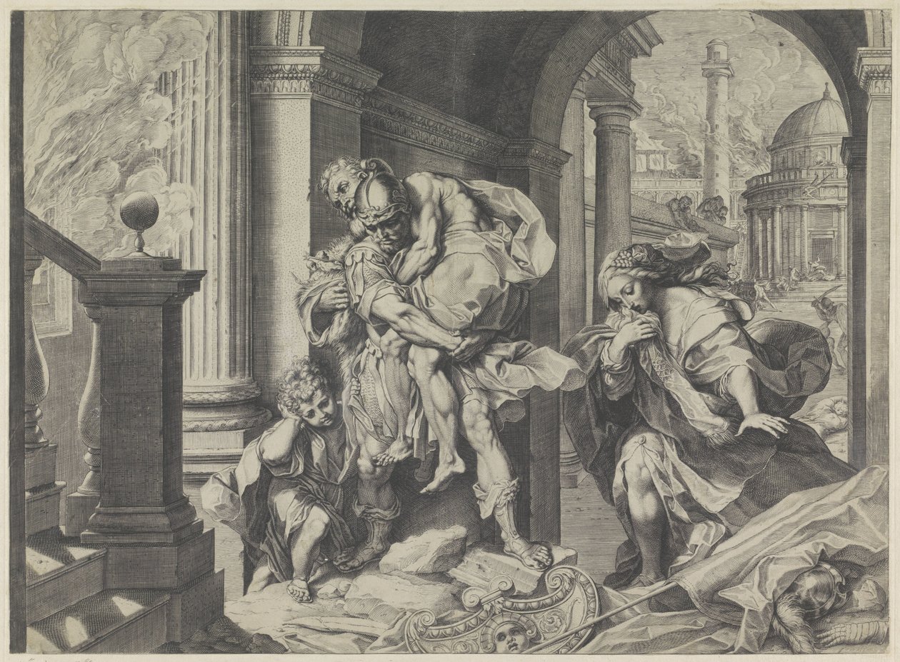 Aeneas prchá se svou rodinou z Tróje od Agostino Carracci