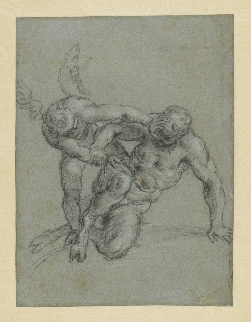 Amor přemáhající Pana (recto); hlava mnicha; karikatura muže z profilu (verso) od Agostino Carracci