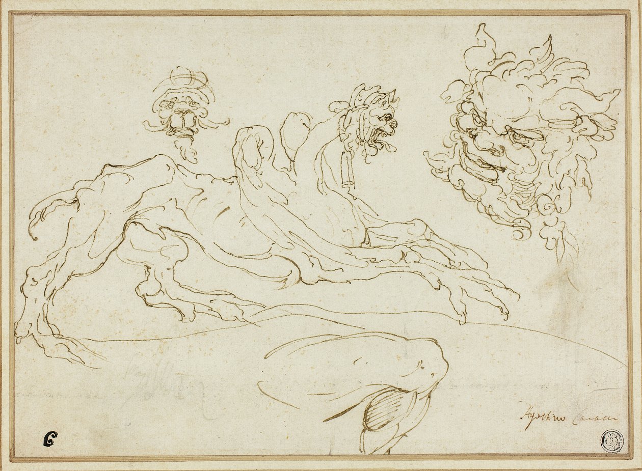 Čtyři skici: Griffin, Groteskní hlava, Hlava satyra, Ohnutá noha od Agostino Carracci