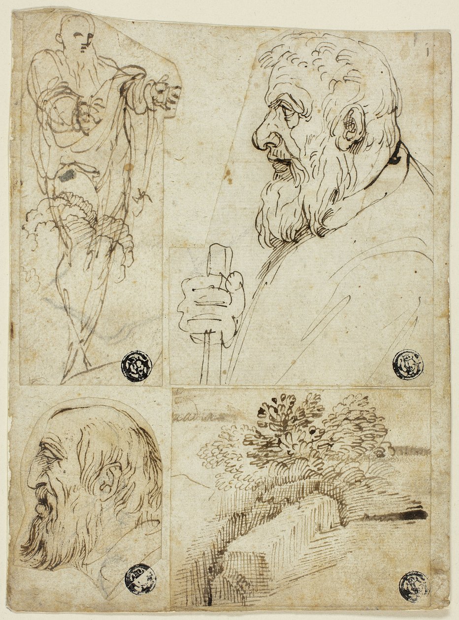 Čtyři skici: Stojící mužská postava; poprsí vousatého muže z profilu; hlava vousatého muže z profilu; krajina od Agostino Carracci