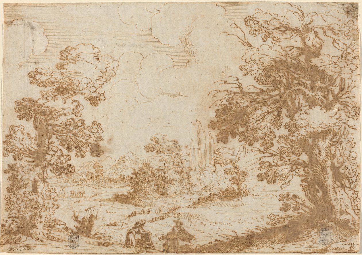 Krajina s dvěma pračky od Agostino Carracci