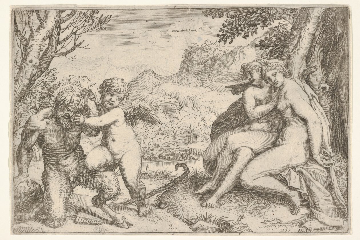Láska vítězí nad vším Omnia vincit Amor, v boji se satyrem Amor umístí svůj pravý kn..., 1599. od Agostino Carracci